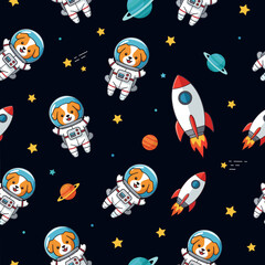 Adorable dogs in astronaut suits floating in space, perfect for kids' clothing or space-themed projects. © Pattern Library