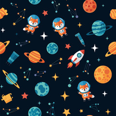 Cute fox astronauts in space: seamless pattern for kids' fabric, wallpaper, or website design. © Pattern Library