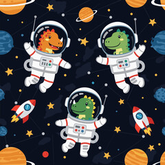 Cute Dinosaur Astronauts in Space: Seamless Pattern for Kids' Products