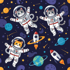 Cute cats in spacesuits floating in space, perfect for children's books, textiles, or websites.
