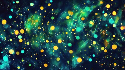 An abstract background with glowing circles and blurred green and blue nebula like formations visible