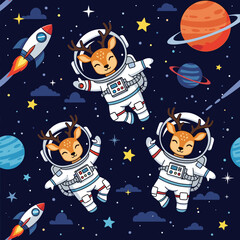 Cute deer astronauts floating in space, perfect for children's books or textile prints.