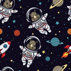 Fototapeta premium Adorable rhino astronauts floating in space: perfect for kids' apparel, fabric, or space-themed projects.