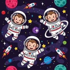 Three cute monkeys in astronaut suits floating in space, perfect for children's books, textiles, or websites.