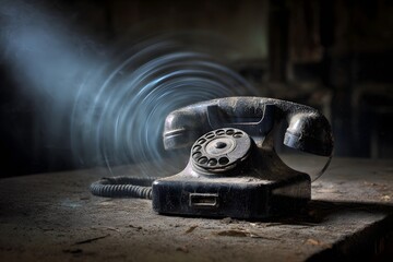 An old, dusty vintage telephone rings in a dark room, a concept for a mysterious call from the past or a missed opportunity.

