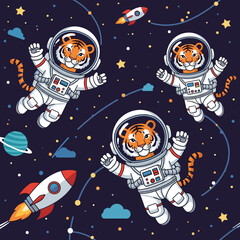 Adorable tiger astronauts floating in space, perfect for children's books or textile prints.