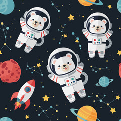 Adorable polar bear astronauts in space: Seamless pattern for kids' apparel, textile, or wallpaper.