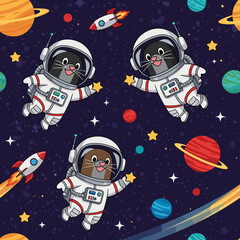 Adorable cartoon seals in spacesuits exploring the cosmos, perfect for children's books or space-themed apparel.