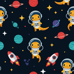 Obraz premium Cute lizard astronauts in space: seamless pattern for kids' textile, wallpaper, or wrapping paper.