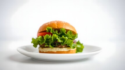 Delicious gourmet burger with fresh lettuce and tomato on a sesame seed bun, served on a white plate against a clean background.