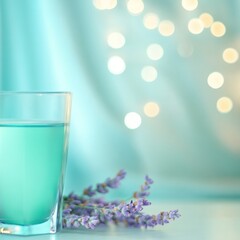 A glass of turquoise liquid with lavender sprigs against a soft turquoise and bokeh light background