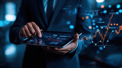 Business professional analyzing data on a digital tablet