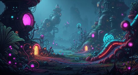Obraz premium Enchanting Bioluminescent Forest Village with Glowing Structures