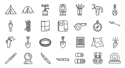 Essential camping and hiking equipment icons: tents, cooking gear, navigation tools, and survival supplies.