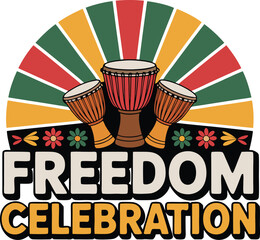 Vibrant freedom celebration with african drums and sunburst silhouette