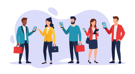 Diverse group of business professionals using smartphones and tablets. Ideal for websites, presentations, and marketing materials.