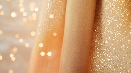 A close up of shimmering gold fabric with bokeh lights creating a festive and elegant background look