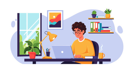 Young man working from home on laptop, perfect for remote work, freelance, or work-life balance blog posts.