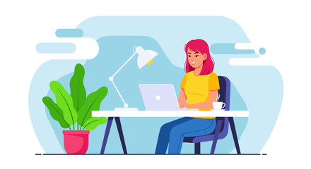 Young woman working on laptop at home office, perfect for website or blog post about remote work.