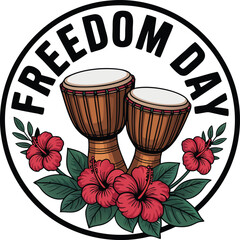 Oval emblem featuring djembe drums and hibiscus flowers celebrating freedom day silhouette