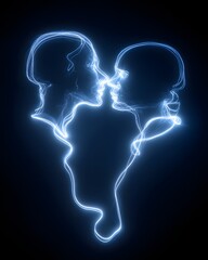 Two glowing figures made from a single line of light are about to kiss, forming a heart shape. A concept for love, romance, and connection.


