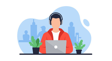 Person working on laptop with headphones, perfect for blog posts about remote work or productivity.