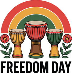Three colorful djembe drums stand proudly beneath a vibrant rainbow celebrating freedom day silhouette