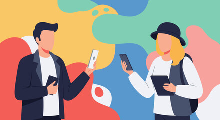 Young man and woman using smartphones and tablet, perfect for website banners or app marketing.