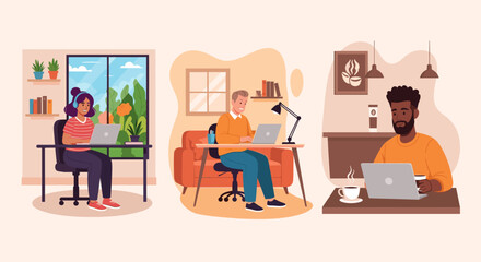 Diverse people working remotely: home office, co-working space, and cafe. Ideal for illustrating flexible work arrangements.