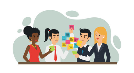 Diverse team collaborating on a project using sticky notes. Ideal for presentations on teamwork, brainstorming, and project management.