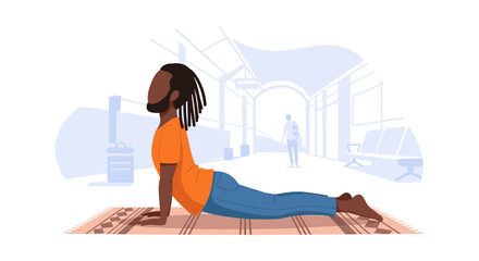 Man doing upward-facing dog yoga pose at the airport, perfect for travel blogs or wellness websites.