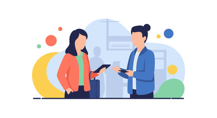 Two colleagues exchanging information using tablets and smartphones. Ideal for websites, presentations, and business reports.