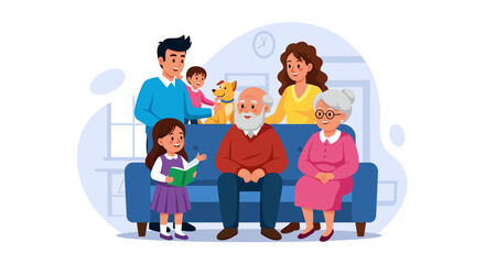 Happy multigenerational family with dog, perfect for family,  insurance, or generational wealth brochures.