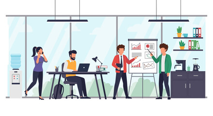 Modern office workers collaborating, brainstorming, and presenting data. Ideal for business websites, presentations, and marketing materials.