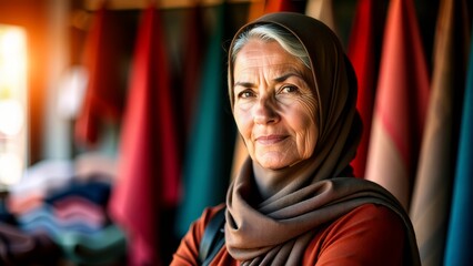 Fototapeta premium Middle-aged woman in headscarf, textile shop