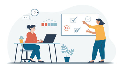 Two businesswomen collaborating on a project, perfect for presentations on teamwork and project management.