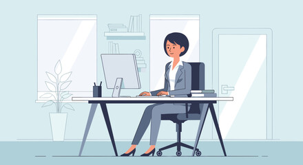 Businesswoman working at her desk in a modern office - perfect for website banners or business presentations.