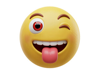 Fototapeta premium Funny crazy emoji face with one eye open and tongue sticking out isolated on transparent background