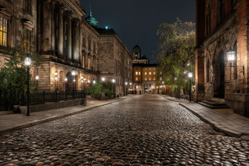 Fototapeta premium serene nighttime view of empty street in european capital illuminated by soft golden streetlights