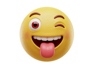 Fototapeta premium Funny and crazy yellow emoji face with one eye crossed and tongue sticking out isolated on transparent background