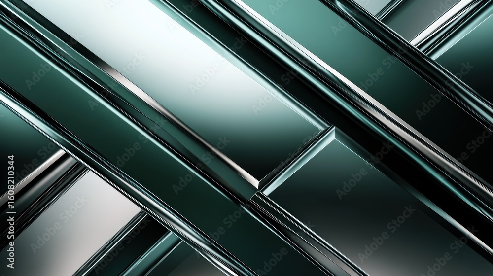 Fototapete a close up of intersecting glossy dark green and silver rectangular shapes creating an abstract patt