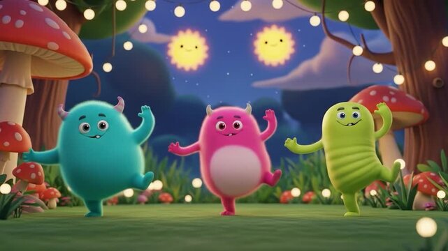 Three cartoon monsters, light-colored, dancing in a grassy field at night under glowing lights