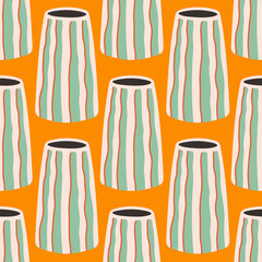 Vector seamless pattern of ceramic vase with abstract design. Cartoon illustration isolated on an orange background.