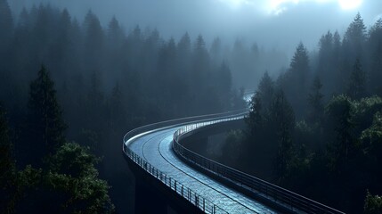 A modern highway winds through a misty mountain forest, symbolizing a journey forward, progress, and a clear path into the future.