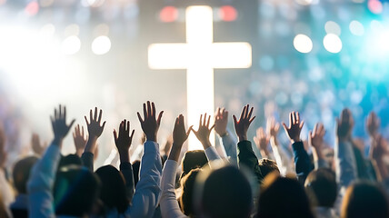 Congregation raising hands in worship towards a glowing cross symbolizing faith, hope, and spiritual connection during a powerful service.