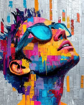 An oil painting portraying a sociologist looking up, rendered in a vibrant and colorful style, features a silver background and 3-giixel standard resolution art piece.