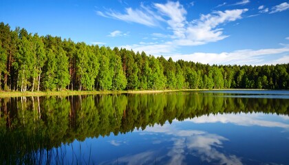Fototapeta premium Serene lake reflecting forest