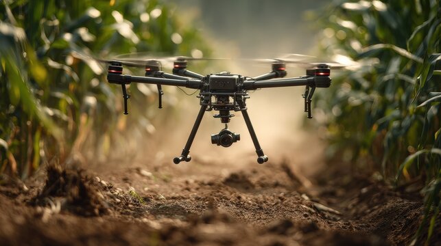 Aerial View of Small Drone Capturing Lush Green Cornfield Under Bright Blue Sky in Vibrant Summer Scene - Powered by Adobe