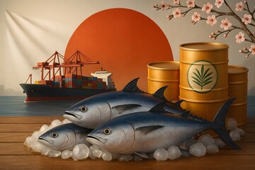 Obraz premium Japanese flag with Fresh Fish, Seafood and Palm oil with Shipping Container