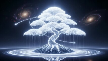 Luminous Bonsai Tree pulses with cosmic energy, galactic spiral around it. Spirituality concept, meditation visuals, nature inspiration, dreamscapes, wellness videos, sci-fi promo. - Powered by Adobe